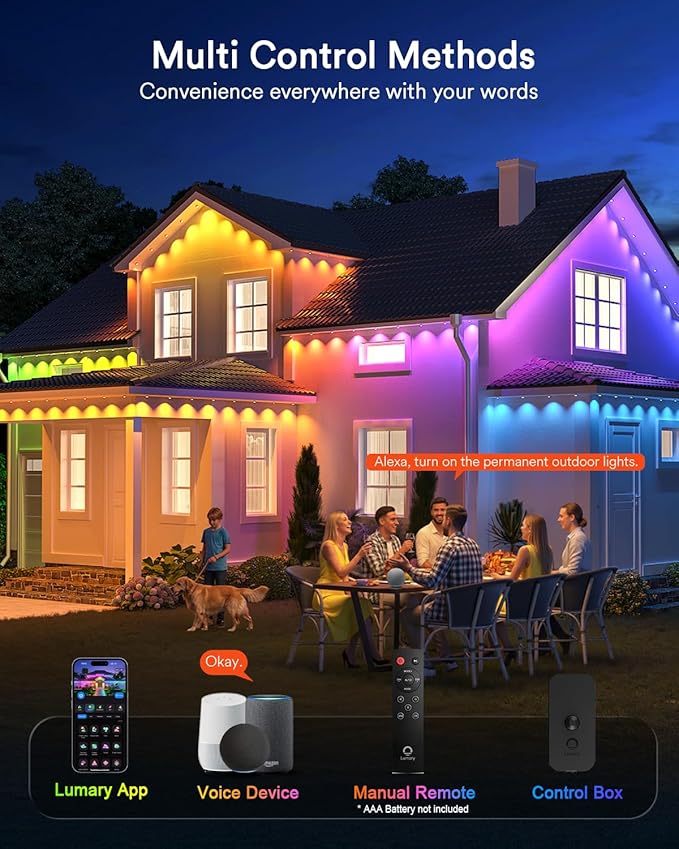 Lumary Smart Permanent Outdoor Lights 2 with Remote, 150ft with 90 RGBAICW LEDs 5400lm for Daily and Accent Lighting, 110+ Scenes for Halloween Christmas Decor, Compatible with Alexa Google, Black