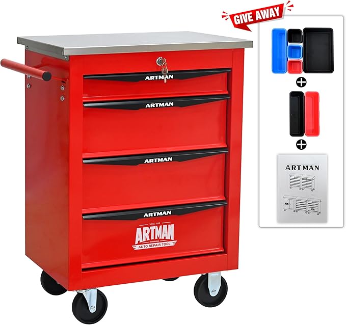 RYH 4/5/6/7 Drawers Rolling Tool Chest -Heavy Duty Mobile Metal Tool Box with Locking Wheels, with Stainless Steel Worktop, Garage Tool Storage Cabinet (Red, 4-Drawers 30.7 H¡¿22.2 W)