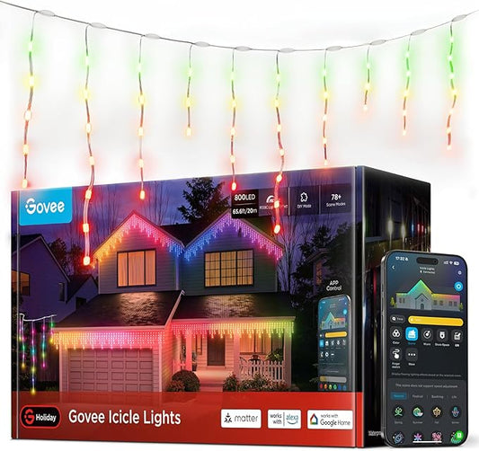 Govee Icicle Lights, Smart RGBIC Christmas Lights for Outside, 66ft with 800 LEDs Icicle Light for Outdoor, IP67 Waterproof, Music Sync, Voice Control, 78+ Scene Modes for Christmas Decor