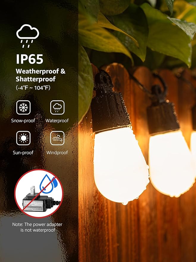 Lepro ZB1 AI Smart Outdoor String Lights APP Control, 54(42+12) ft RGB+IC+Warm White Outdoor Lights 15 LED Bulbs, Alexa Google Home Enable, AI Generated Lighting LLM, NO Remote 2.4 GHz WiFi+Bluetooth