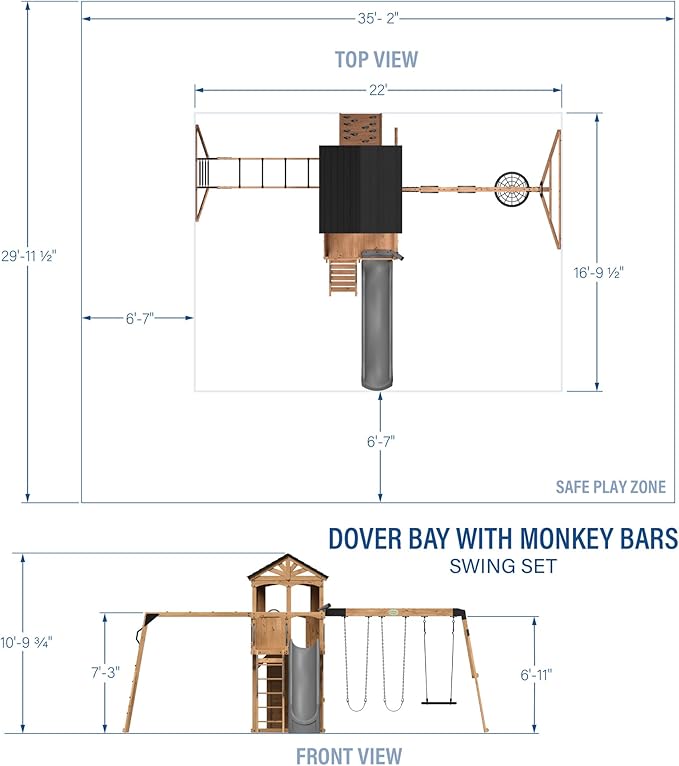 Backyard Discovery Dover Bay Spruce Wood Swing Set with Wave Slide, Clubhouse, Monkey Bars, Rock Wall, Belt Swings, Step Ladder, Toy Telescope, Chalkboard, Outdoor Playset