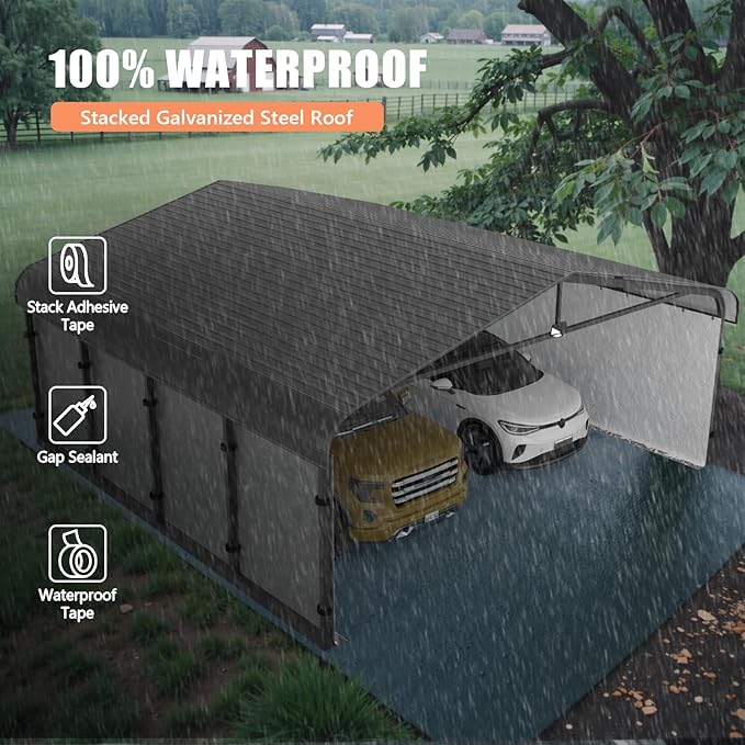 20x20 Metal Carport, Galvanized Steel Roof Car Port with Remvoable Polyethylene Sidewalls
