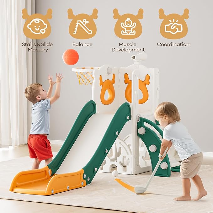 Mloong 7 in 1 Toddler Slide, Kids Slide for Toddlers Baby 1-3 Years Old, Indoor and Outdoor with Basketball Hoop Upgraded Golf, Plastic Slides for Kids Elk Theme(Yellow & Green)(28×62×39in)
