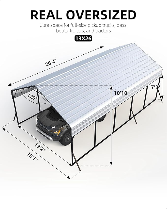 13x26 FT Metal Carport Heavy Duty Car Ports Reinforced Frame, Galvanized Steel Roof and Enhanced Base All-Weather Outdoor Oversized Shelter for Cars, Bass Boats, Full-Sized Pickup Trucks, Tractors