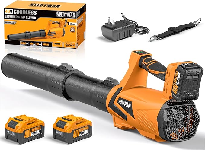 Alloyman 40V Battery Powered Leaf Blower Cordless with 2¡¿2.0Ah Battery and Charger, 650CFM Brushless Handheld Blowers, 3 Speed+Turbo Mode Electric Leaf Blower for Lawn Care, Leaves, Dust, Snow