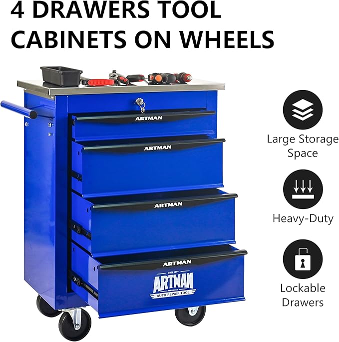 RYH 4/5/6/7 Drawers Rolling Tool Chest -Heavy Duty Mobile Metal Tool Box with Locking Wheels, with Stainless Steel Worktop, Garage Tool Storage Cabinet (Blue, 4-Drawers 30.7 H¡¿22.2 W)