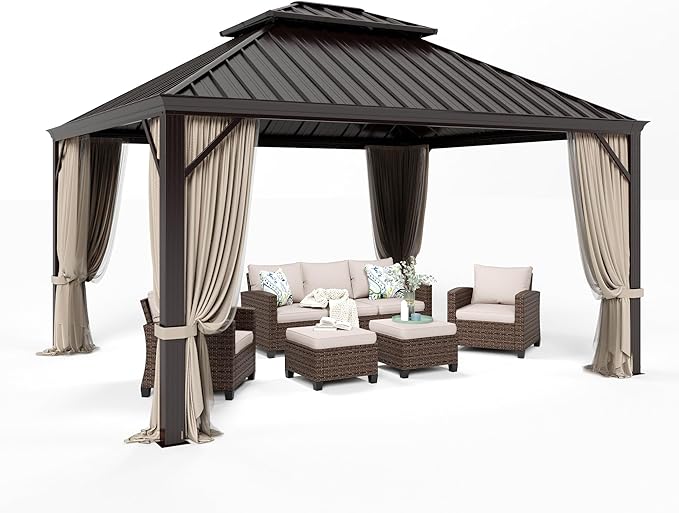 HERA'S HOUSE 12x14ft Hardtop Gazebo, Aluminum Metal Gazebo with Galvanized Steel Double Roof Canopy, Curtain and Netting, Permanent Pavilion for Patio Backyard Deck Lawn
