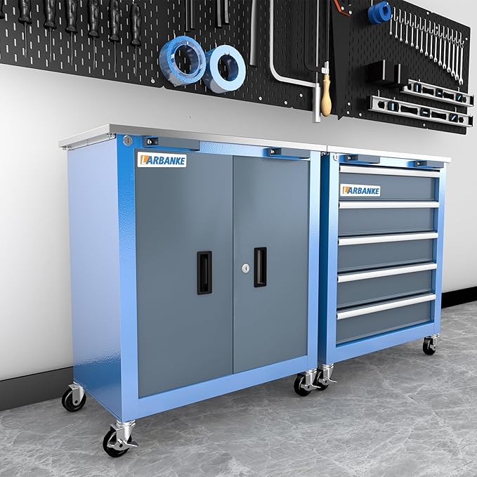 Combination Tool Chest with Lock,5-Drawer/2 Door Tool Cabinet can be Interconnected,Rolling Tool Chest with Wheels and Padded Feet,with Stainless Steel Protective Film Countertop