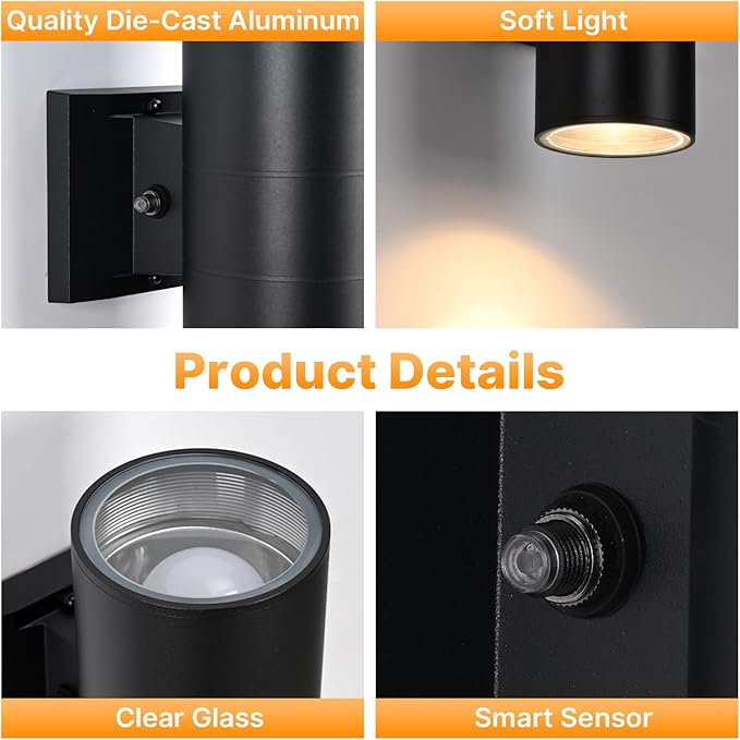 Dusk to Dawn Outdoor Wall Lights 6 Packs, Modern Outdoor Porch Lights with Bulbs, Integrated LED Cylinder Exterior Light Wall Mount, Up and Down Lighting Wall Sconce for House Porch Door