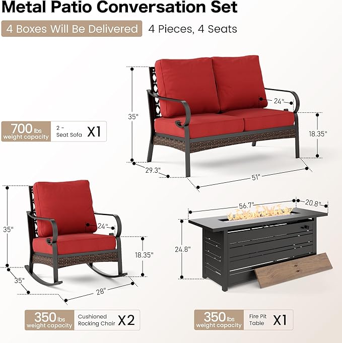 4 Piece Metal Outdoor Patio Furniture Sets with Firepit Table, Patio Conversation Sets 1 2-Seater Sofa, 2 Rocking Sofa with 5.75" Cushion Black Backyard Furniture for Deck, Rust Red