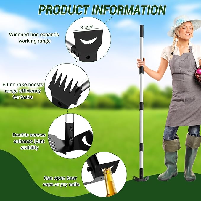 Weed Puller Tool with Long Handle ? 2-in-1 Handle Garden Hoe and Weed Rake, Hoe Garden Tool for Home Gardens, Lawns, and Yards
