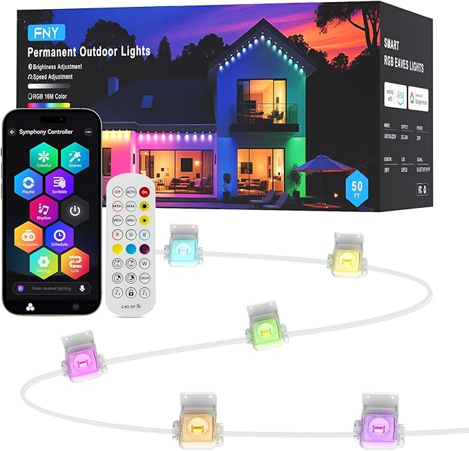 FNY Permanent Outdoor Lights 50ft Smart RGB with 30 LED, IP67 Waterproof for Outdoor Decor, App/Remote Control Eaves Lights Compatible with Alexa, Google Assistant, DIY Scene Modes for Christmas