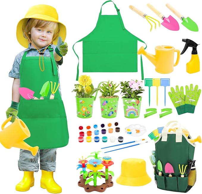 deAO Kids Gardening Set Arts and Crafts for Kids Paint Garden Tools DIY Flower Building Toys with Shovel, Trowel, Rake, Water Can,Gloves,Tote Bag,Apron,Painting Accessories,Outdoor Gift for Boys Girls