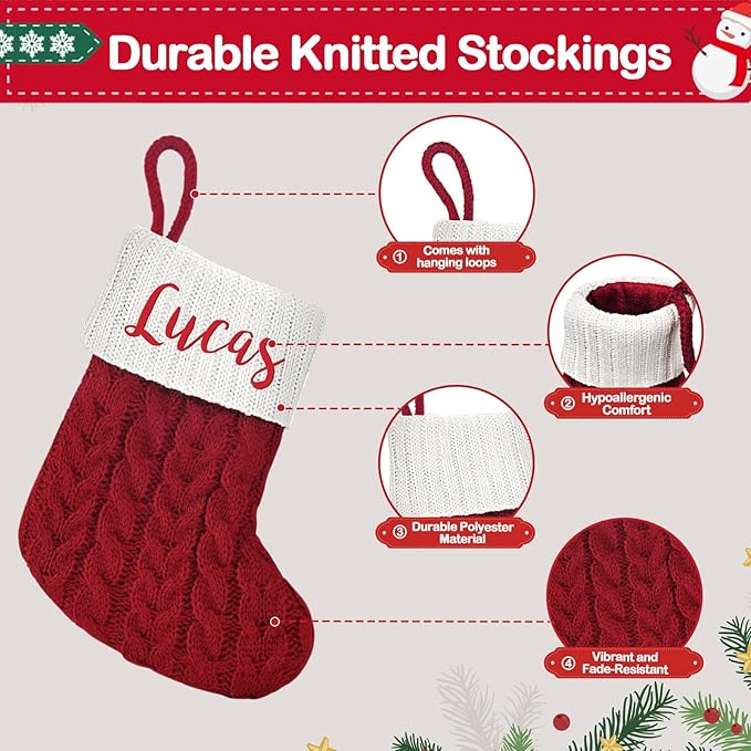 Mini Custom Christmas Stockings with Names - 6" W x 7" L Burgundy Red Personalized Christmas Stockings, Kids Family Small Knitted Xmas Stocking for Fireplace Decoration, 1 Pack