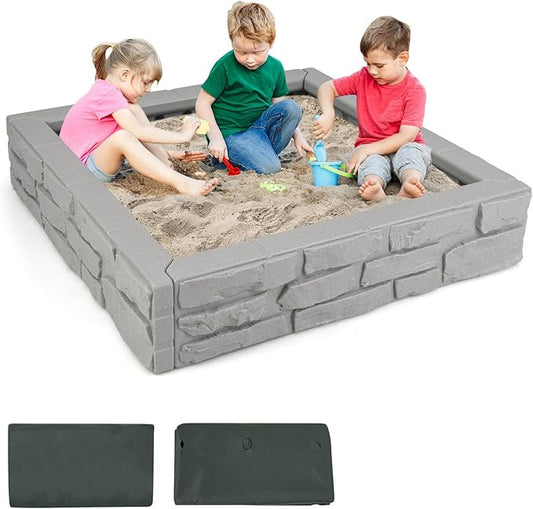 Costzon Kids Sandbox with Cover, 47x 47 HDPE Sand Box w/Oxford Cover, Bottom Liner, Reinforced Structure, Weather Resistant Outdoor Sand Pit for Backyard Lawn Garden Beach (Gray)