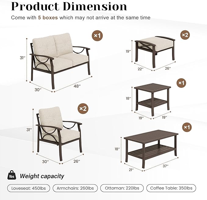 7-Piece Outdoor Patio Furniture Set, Outdoor Metal Sectional Furniture with Cushions, Outdoor Conversation Seating Set with Side Table for Garden, Balcony, Deck, Backyard, Khaki
