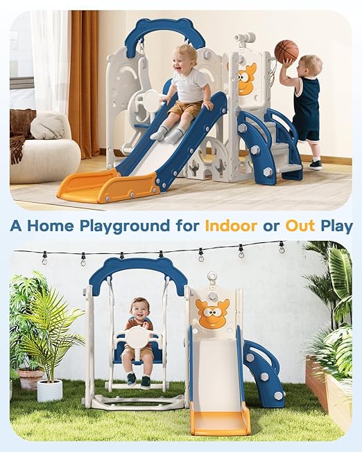 BIERUM Toddler Slide and Swing Set, 7-in-1 Indoor Outdoor Toddler Playset with Climber, Basketball Hoop & Golf Toys, Playground for Kids Ages 1+, Blue&Yellow