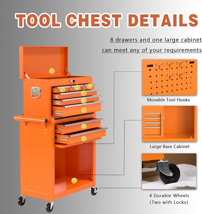 8-Drawer Rolling Tool Chest, High Capacity Removable Tool Storage Cabinet, Detachable Toolbox with Lock for Garage Warehouse and Tool Room (Orange)