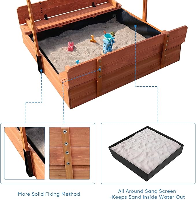 Wooden Kids Sandbox with Lid Sand Box with Cover for Outdoor with Canopy Ages 4-8, Sand Pit with 2 Foldable Bench Adjustable Roof Bottom Liner