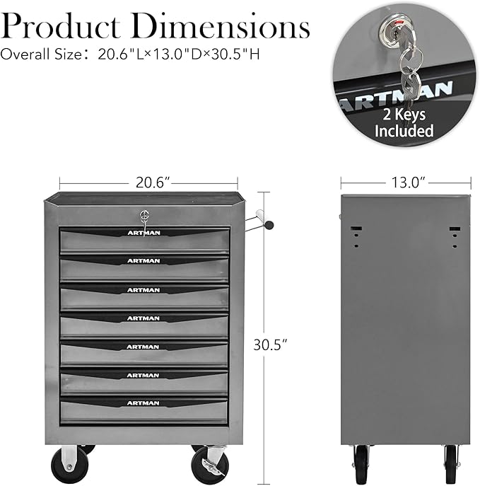 RYH 4-7 Drawers Rolling Tool Chest & Tool Box on Wheels | Heavy Duty Metal Cart with Ball Bearing Drawers | Fits US General Tool Box for Garage Storage (Silver, 7 Drawers£¨30.5 H ¡¿ 20.9 W ¡¿ 13 D)