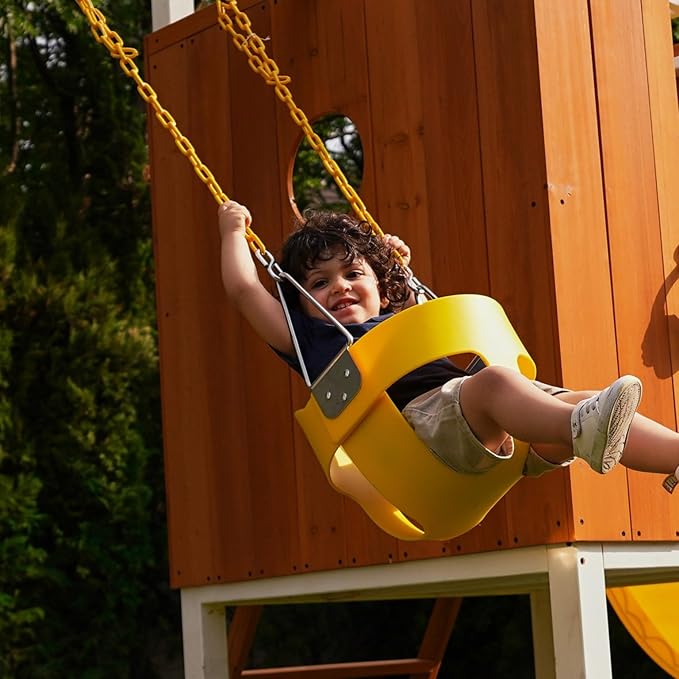 Avenlur Modern Outdoor Backyard Swing Set Children's Rock Climbing Wood Playground Playset 2 Belt Swings, Clubhouse Fort, Windows, Ladder, Wavy Slide Toddlers, Kids Climbers Play Adventure Rock 3-11yr