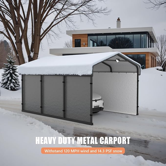 10x15 Metal Carport, Galvanized Steel Roof Car Port with Remvoable Polyethylene Sidewalls
