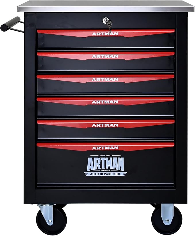 RYH 4/5/6/7 Drawers Rolling Tool Chest -Heavy Duty Mobile Metal Tool Box with Locking Wheels, with Stainless Steel Worktop, Garage Tool Storage Cabinet (Black, 6-Drawers 30.7 H¡¿22.2 W)