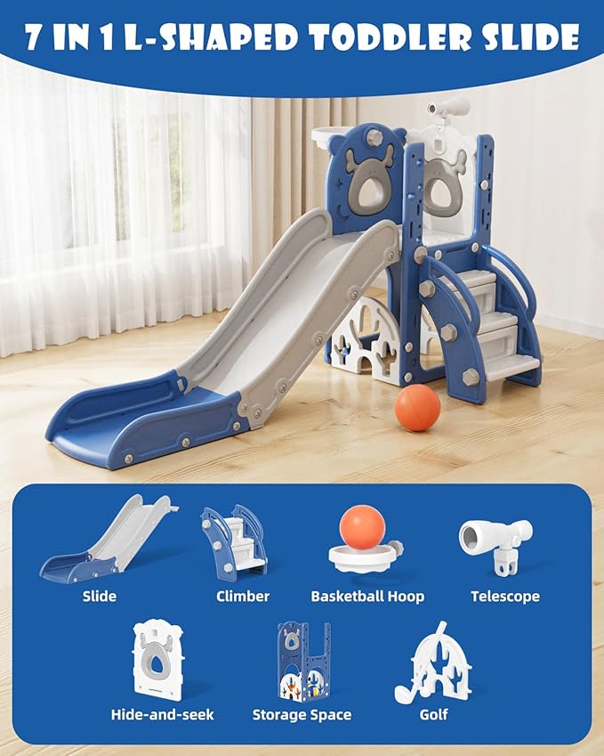 XJD 7 in 1 Toddler Slide, Kids Indoor Slide for Toddlers 12 to 36 Months, New Upgrade with Golf, Basketball Hoop for Indoor Outdoor Playset, Birthday Gifts for Toddler (Blue Gley)