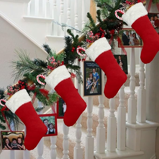 6Pack Red Christmas Stockings Traditional 20 Inch Large Vintage Christmas Stocking Polyester Plush Luxury Xmas Stocking for Family Holiday Party Decor and Xmas Tree Fireplace Mantle Pet