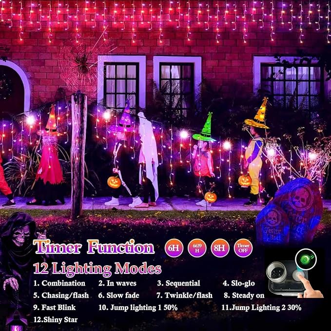 480 LED 49FT Halloween Lights Plug in 12 Modes with Timer Dimmable Halloween Decorations Outdoor Waterproof Indoor Window String Lights for Roof Porch Garden Holiday Wedding Party Decor Orange+Purple