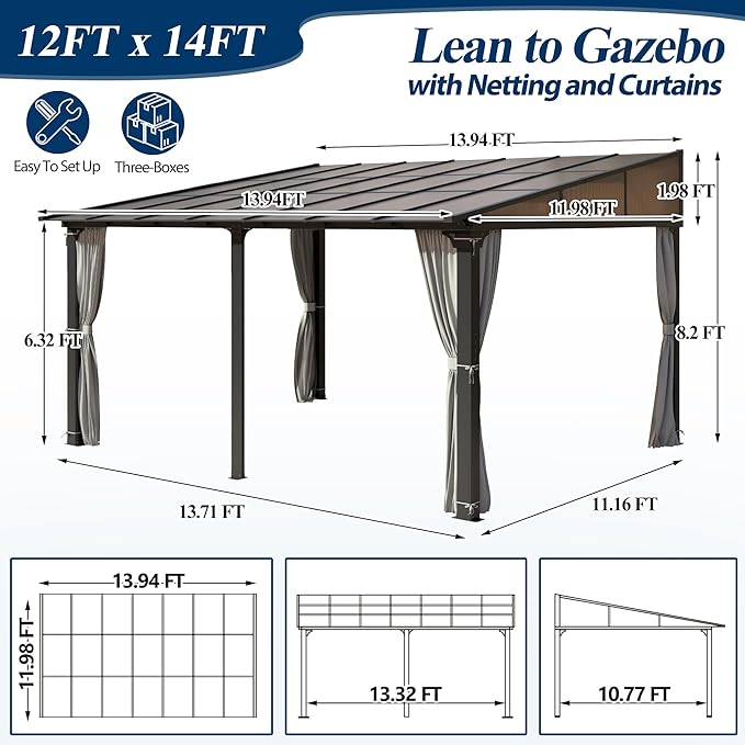COVERONICS 12' X 14' Outdoor Polycarbonate Lean to Gazebo - Wall-Mounted Aluminum Frame Gazebo with Slope Hardtop, Patio Heavy-Duty Lean to Pergola with Netting & Curtains for Garden, Backyard, Deck