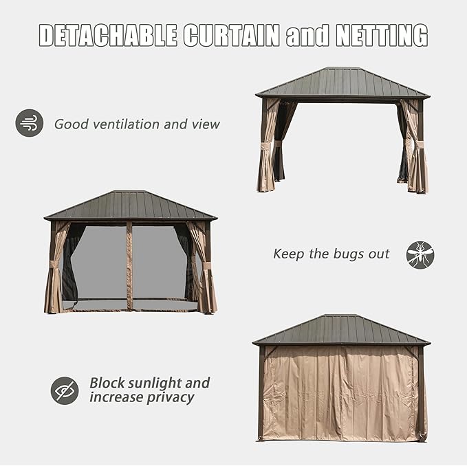 Domi 10'x12' Hardtop Gazebo Canopy,Outdoor Metal Gazebo with Galvanized Steel Roof,Curtain and Netting,Permanent Gazebos Pavilion for Patio Deck,Backyard