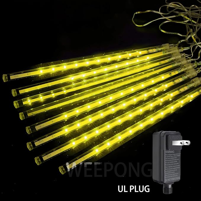 Christmas Lights Outdoor Falling Rain Meteor Shower Lights 12 inch 8 Tube 192 LED Snowfall Icicle Cascading String Light for Xmas Tree Christmas Decorations Holiday Garden, UL Plug,Warm White
