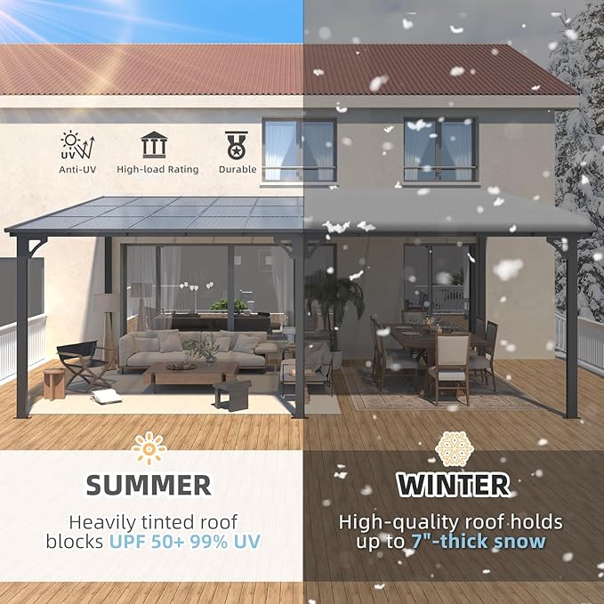 AECOJOY 24' x 12' Gazebo for Patio, Large Wall-Mounted Hard Top Lean-to Gazebo Pergola with Roof 12' x 24' on Clearance, Heavy Duty Patio Awnings for Decks, Backyard