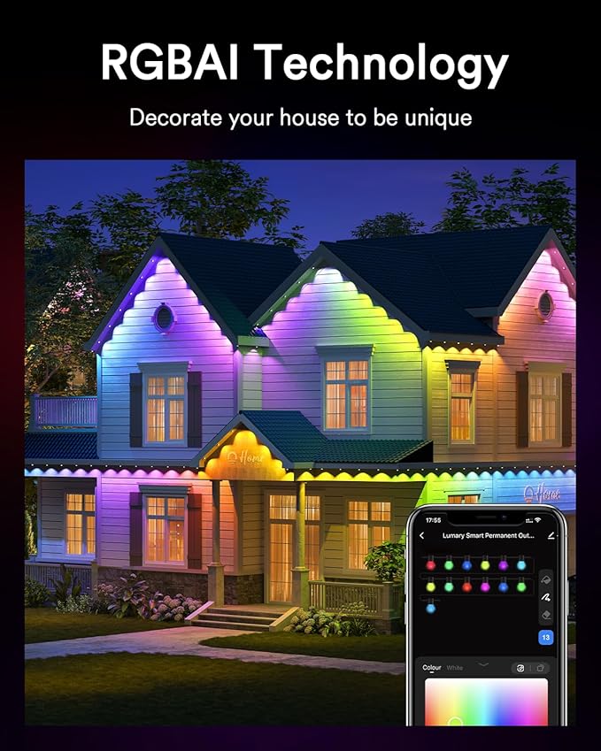 Lumary Smart Permanent Outdoor Lights Pro with Remote, 105ft with 80LED 4000lm RGBAICW Eave Lights, IP67 Waterproof, Multi Scenes for Daily Accent Lighting Chirstmas Decor, Work with Alexa Google APP