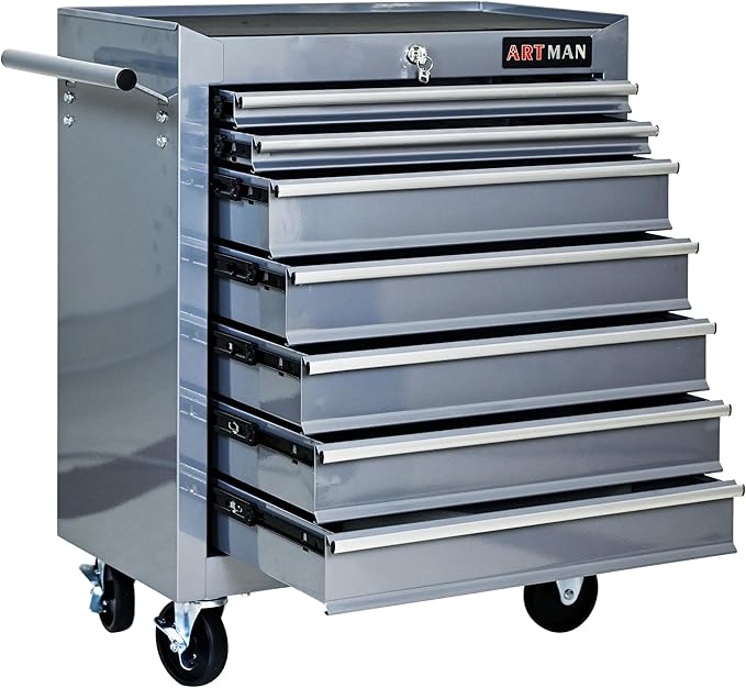 RYH 7 Drawers Rolling Tool Chest & Tool Box on Wheels | Heavy Duty Metal Cart with Ball Bearing Drawers | Fits US General Tool Box for Garage Storage (Silver, 7 Drawers£¨29.9 H ¡¿ 24.2 W ¡¿ 12.9 D)