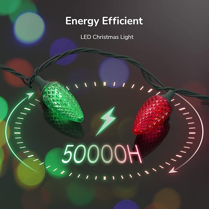 DEWENWILS C9 Christmas Lights Outdoor, 33.3ft 50LED Christmas Tree Lights, Waterproof, Big Christmas Lights, Extendable for Wedding Party Christmas Decoration, Green Wire, Red & Green, UL Listed