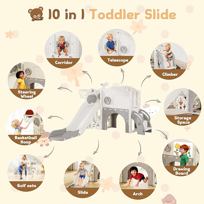 10-in-1 Toddler Slide Playset,Indoor Playground for Kids 1-3 and Toddler Outdoor playset with Golf Set, Basketball Hoop, Climbing Frame, Drawing Board and Steering Wheel, Gray & White