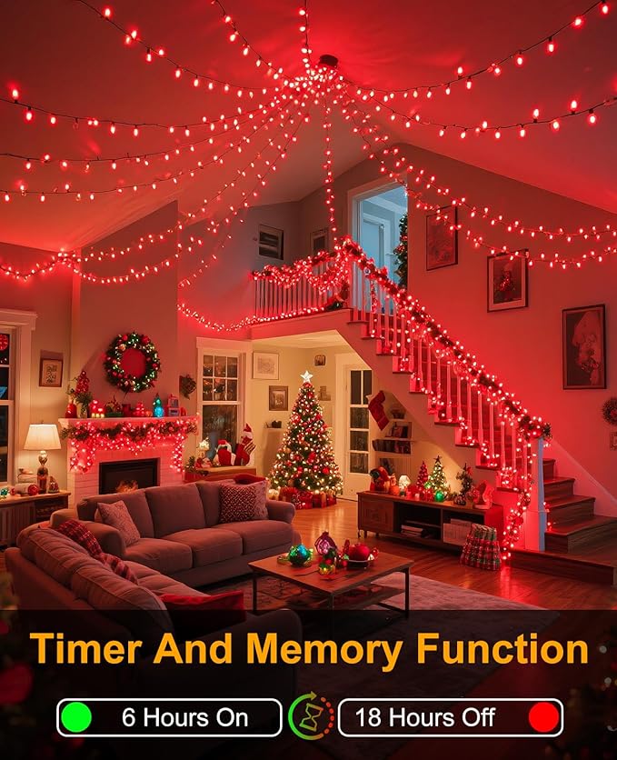157FT 480 LED Christmas Lights Outdoor, Plug in Christmas Tree Lights Waterproof, 8 Modes Green Wire Twinkle String Light for Indoor Room Patio House Holiday Decorations, Red
