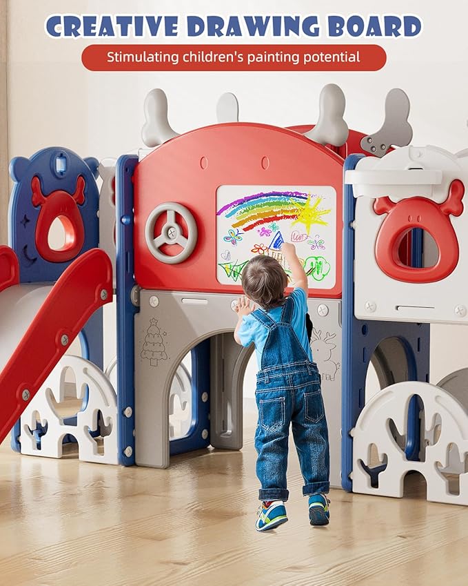 XJD 13 in 1 Toddler Slide Set, Kids Slide for Toddlers Age 1+, New Upgrade with Golf Set, Basketball Hoop, Drawing Board for Indoor Outdoor Playset, Birthday Gifts for Toddler (Blue Red)