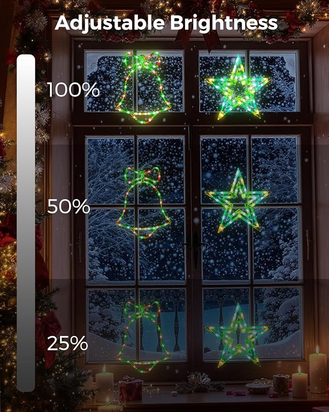 15'' Smart Christmas Window Lights 4 Pack, Color Changing Window Silhouette Lights, Timer, App Control, Music Sync, Bells, Snowflake, Star, Lighted Christmas Decorations for Indoor Outdoor