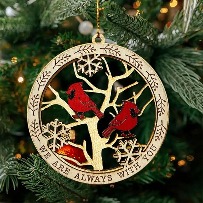 Cardinal Memorial Christmas Ornament – Wooden Cardinal Bird Decoration with “We are Always with You” Quote – Remembrance Ornament for Loved Ones, Bereavement Christmas Tree Hanging Ornament