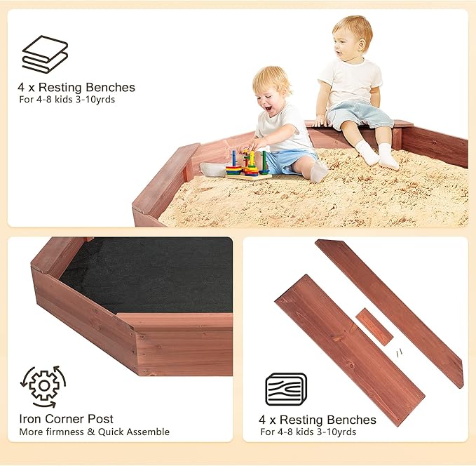 Wooden Octagonal Sandbox with Cover, Outdoor Sandpit with 4 Bench Seats, Sand Box for Children, Beach for Backyard, Patio, Garden£¬red