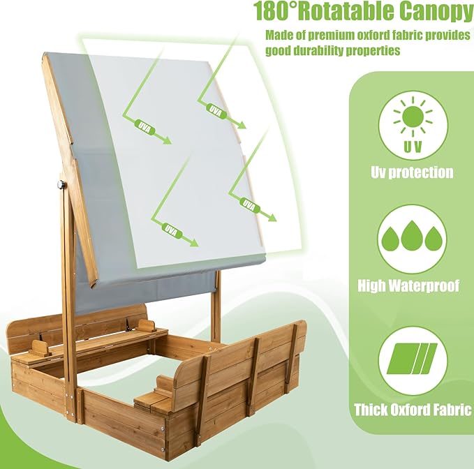 Wooden Sandbox with Lid, Kids Sandbox with Canopy Outdoor, Sandboxes with Covers Foldable Bench Seats for Backyard, UV-Resistant & Adjustable Height Roof, Gift for Ages 2-8 (47x47in)