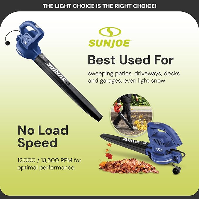 Sun Joe Corded Electric Leaf Blower Machine, 155 MPH, 260 CFM, 6-Amp Motor, Blue - Portable and Lightweight Gardening Equipment for Yard Care and Lawn Maintenance, SBJ597E-SJB