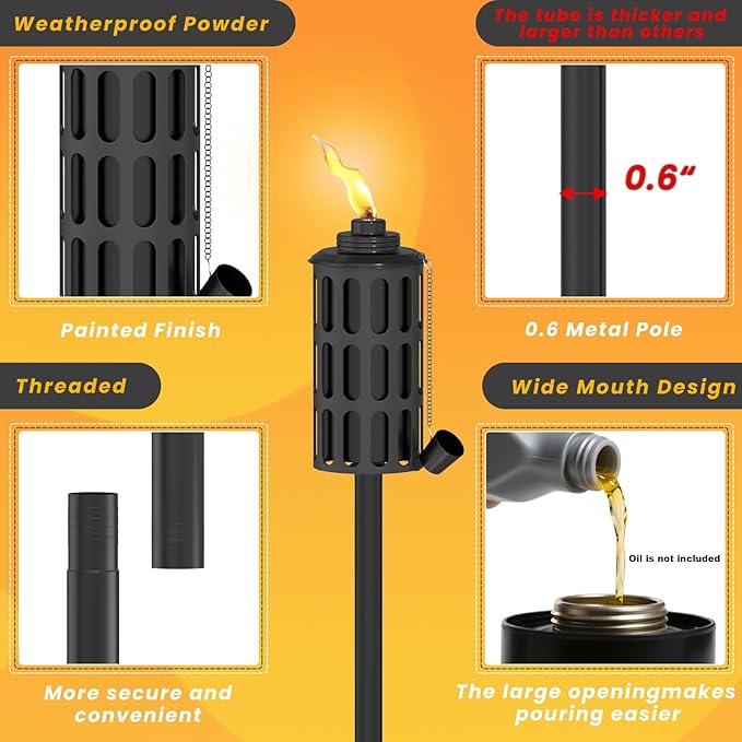 4 Pcs Citronella Torches for Outside,16oz Outdoor Metal Garden Torches,60" Garden Décor Torch with 5-Prong Grounded Stake,Flam Torch Light for Backyard Patio Pathway
