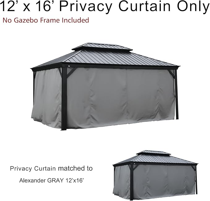 Kozyard Gazebo Privacy Curtain Outdoor Waterproof Sidewall for Hardtop Gazebo, OEM Replacement for Patio Gazebo Curtains for Alexander, Caesar, Rosana and Apollo Model (12ft x 16ft, Gray)
