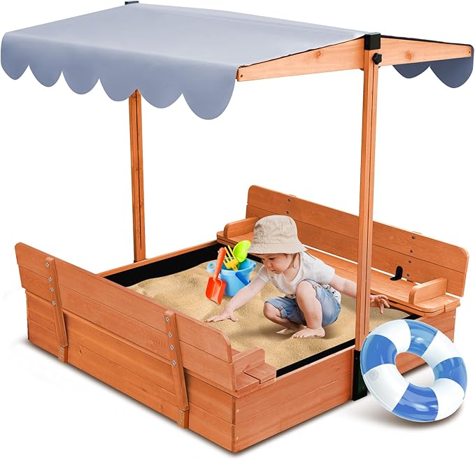 Wooden Kids Sandbox with Lid Sand Box with Canopy Outdoor Sandpit with Cover Adjustable Roof Bottom Liner