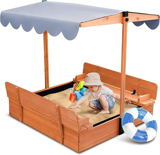 Wooden Kids Sandbox with Lid Sand Box with Canopy Outdoor Sandpit with Cover Adjustable Roof Bottom Liner