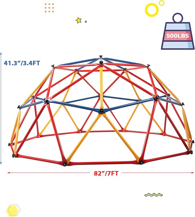 7ft Climbing Dome, Outdoor Geometric Dome Climber for Kids Ages 3-8, Toddler Jungle Gym, Metal, Anti-Rust, Playground Climbing Structures for Backyards, Supporting 500lbs, Red & Blue & Yellow
